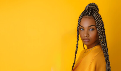 an African-American girl with pigtails on her head put her open palm forward. Stop sign. A girl on a yellow background with a call to stop. Place for text. Banner