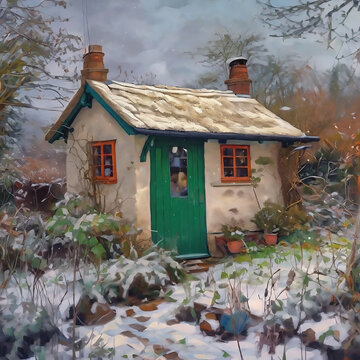 painting of Outside view of a cottage in winter. View of Small outbuilding in a garden in a snowy day	 in village