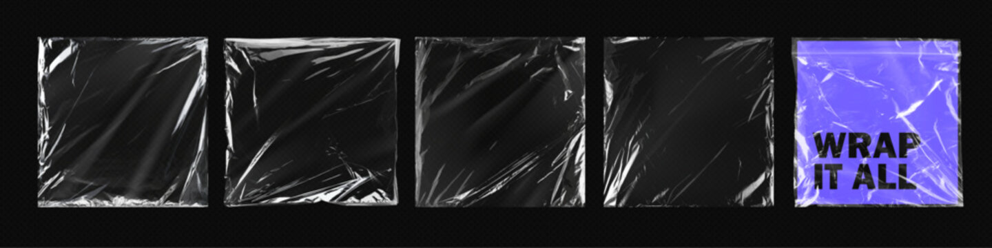 Plastic packaging texture overlay effect. Torn crumpled polyethylene wrap for vinyl or cd cover. Shrink wrinkled cellophane old record sleeve, vector illustration