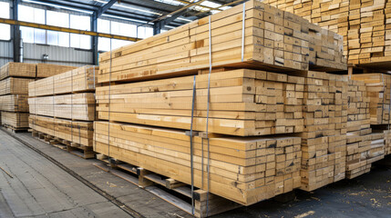 stacked boards in a large industrial lumber yard