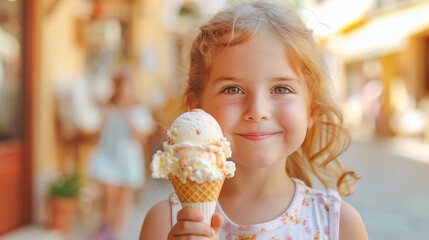Happy smiling little girl holding in hand scoop of crave-worthy creamy vanilla ice cream in waffle cone