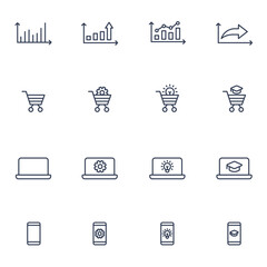 Ikony e-commerce z wykresami, koszykiem, laptopem oraz telefonem komórkowym. Wektor. - obrazy, fototapety, plakaty