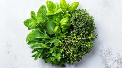Mediterranean cuisine ingredients garden culinary herbs. Fresh thyme rosemary sage basil parsley mint on white table background - obrazy, fototapety, plakaty