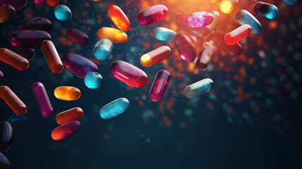 Multicolored scattering of tablets and capsules. - obrazy, fototapety, plakaty