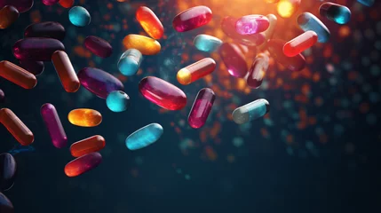 Zelfklevend Fotobehang Multicolored scattering of tablets and capsules. © Salman