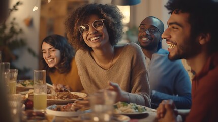 joyful multiethnic friends and family sharing tasty dinner while celebrating Thanksgiving together. generate AI - obrazy, fototapety, plakaty