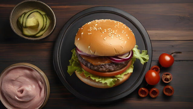 hamberger,junk food,hamberger with table,food