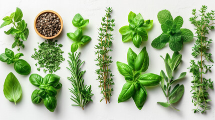 Mediterranean cuisine ingredients garden culinary herbs. Fresh thyme rosemary sage basil parsley mint black pepper corns on white table background - Powered by Adobe