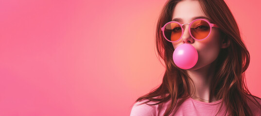 A beautiful young funny girl in pink clothes on a pink background inflates a large pink bubble gum ball in her mouth. Girl in pink glasses. Place for text. - obrazy, fototapety, plakaty