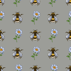 Seamless square pattern with bees and daisies.