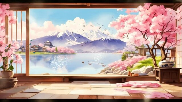 Japanese house interior in spring with cherry blossoms and mountain. Cartoon or anime watercolor digital painting illustration style. seamless looping 4k video animation background.