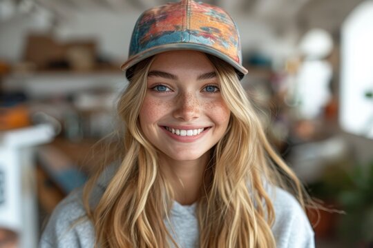 A teenage girl in a beanie smiles at home in the interior