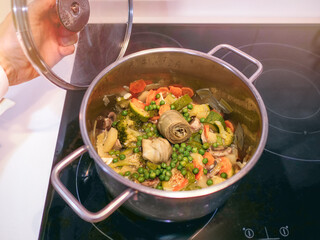 Freshly Cooked Mixed Vegetables in a Steaming Pot