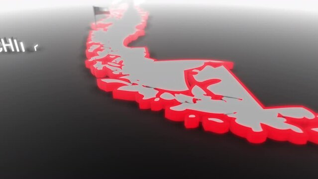 3d animated map of Chile gets hit and fractured by the text “Climate Crisis”