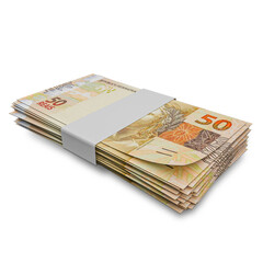 3D rendering of Stacks of Brazilian Money 50 Reais Banknotes
