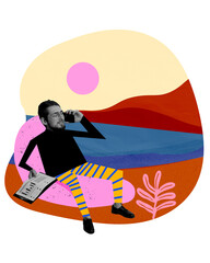 Young relaxed man, employee talking on mobile phone, working with analytical documents remotely....