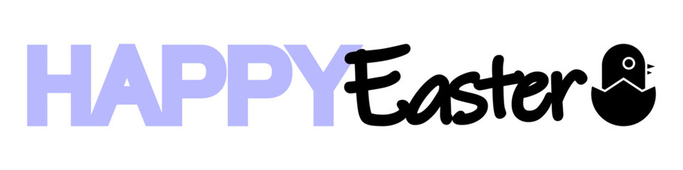 Cute happy Easter text with chicken in shell. Lettering for Easter greeting cards. Vector illustration isolated on white background.