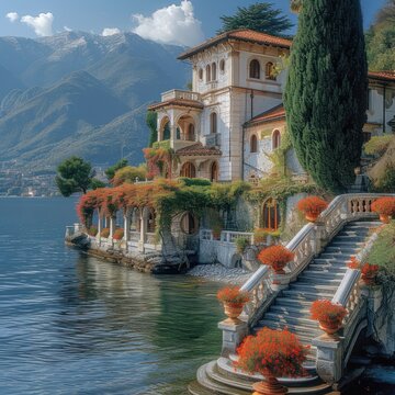 Beautiful Varena village on Lake Como riviera in Lombardy, Italy; old village on the shores