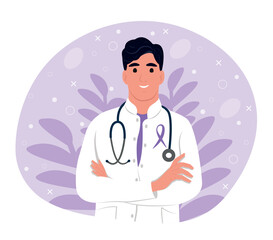 Purple awareness of ribbon. Doctor in medical uniform. Woman doctor portrait. Doctor with a stethoscope. Smiling therapist, general practitioner with crossed arms.