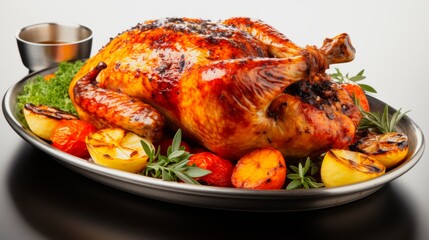 Roasted whole chicken with vegetables on a tray.
