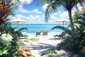 Fototapeta na wymiar Serenity at the beach: A perfect summer escape with cozy chairs, shady umbrellas, and tropical vibes. Concept Beach Getaway, Cozy Chairs, Shady Umbrellas, Tropical Vibes, Summer Escape