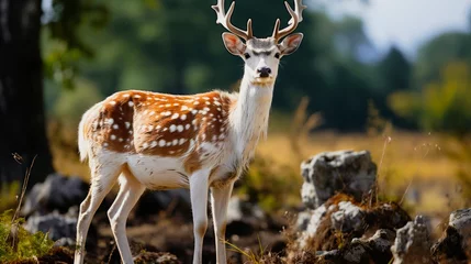 Foto op Plexiglas Little deer standing in the forest. © Margaryta