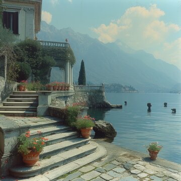 Beautiful Varena village on Lake Como riviera in Lombardy, Italy; old village on the shores