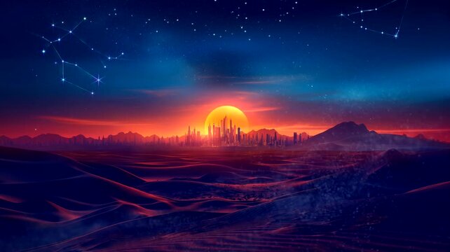 City in desert on sunset background. Seamless looping time-lapse 4k video animation background