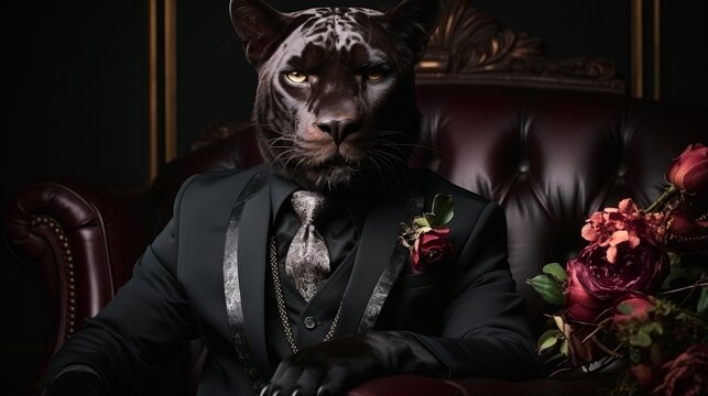 Black Panther sitting in a chair in a black suit and tie. Showcasing unique and unexpected fashion choices.