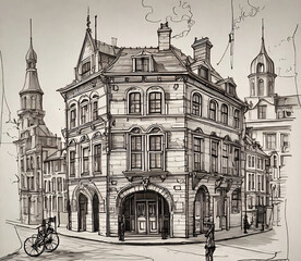 Sketch design of urban buildings in hand drawn style in 1800's	