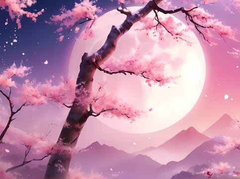 和風伝統模様月と春の桜背景壁紙イラスト