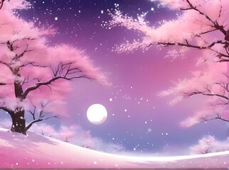 和風伝統模様月と春の桜背景壁紙イラスト