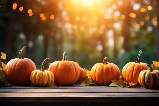 pumpkin on a wooden table on a natural background with blur light