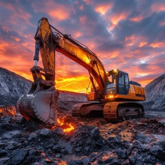 Excavator in open pit mining. Excavator on earthmoving on sunset. Loader on excavation. Earth-Moving Heavy Equipment.