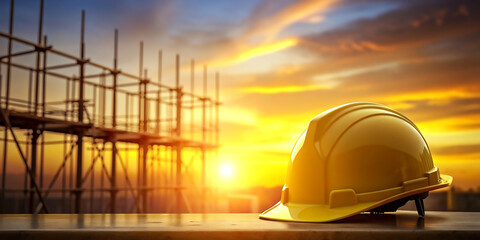 Fototapeta na wymiar Construction site background with worker helmet, labor day background. 