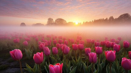 Fototapeta na wymiar Field with pink tulips in the early foggy morning. Growing flowers. Blooming spring