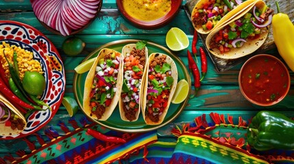Obraz premium Wide variety of Mexican food with tacos.