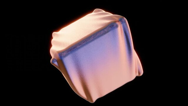 Abstract 3d glitter silk satin cloth fabric textile liquid fluid simulation cube shape gradient pastel violet peach colors. Seamless loop 4K 30 fps animation