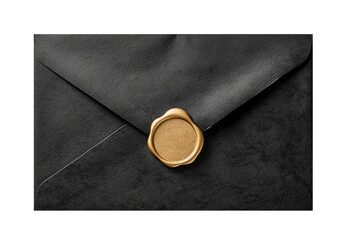Black envelope with golden wax seal isolated on transparent background