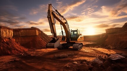 Excavator in open pit mining. Excavator on earthmoving on sunset. Loader on excavation. Earth-Moving Heavy Equipment.
