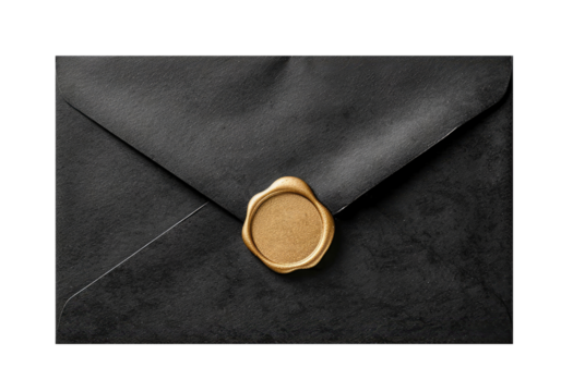 Black envelope with golden wax seal isolated on transparent background