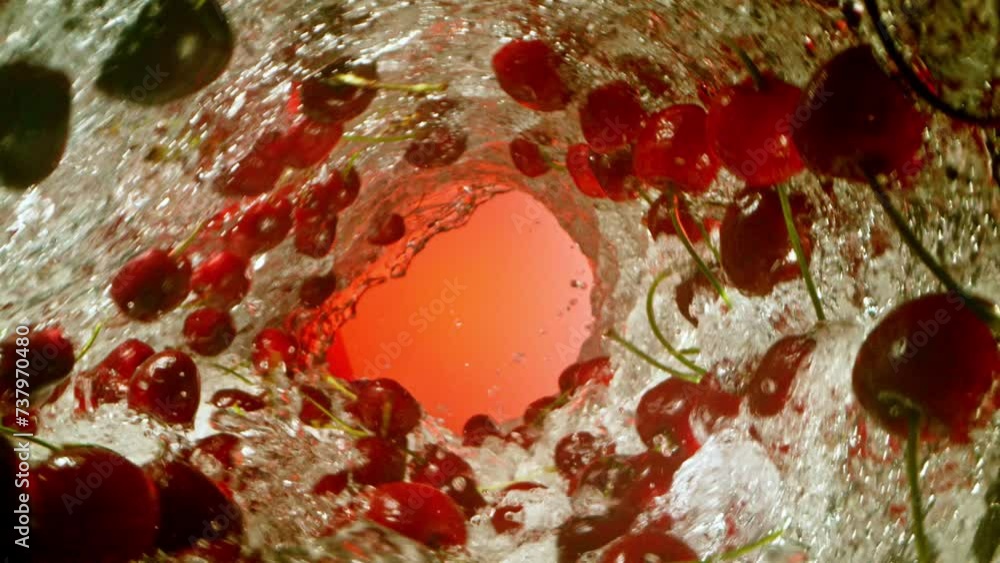 Poster Super Slow Motion of Water Wave with Cherries. Water Surf Wave Rotating Around and Creating Tunnel Shape. Filmed on high speed cinema camera, 1000 fps.