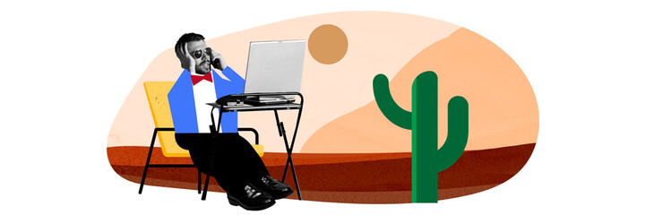 Businessman sitting in desert and talking on mobile phone, working on laptop online. Cross country communication. Contemporary art collage. Concept of modern workforce, remote work, business
