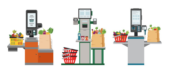Set of self service checkouts with shopping bags full of food and shopping baskets in the supermarket isolated on white. Self service and self payment terminals. Contactless payment.