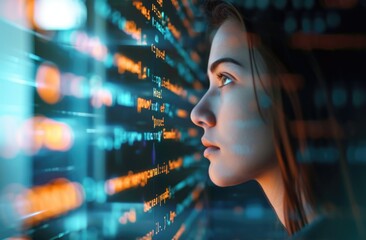 Female programmer analyzing data on computer screens.