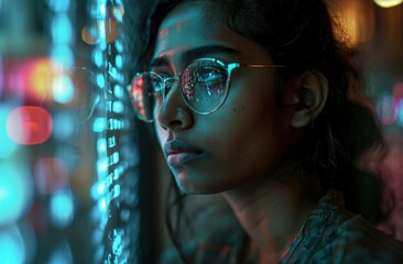 Introspective young woman with glowing code reflections on glasses.