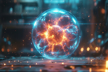 luminous spheres, molecular structures on blurred blue background, futuristic fractal patterns,...