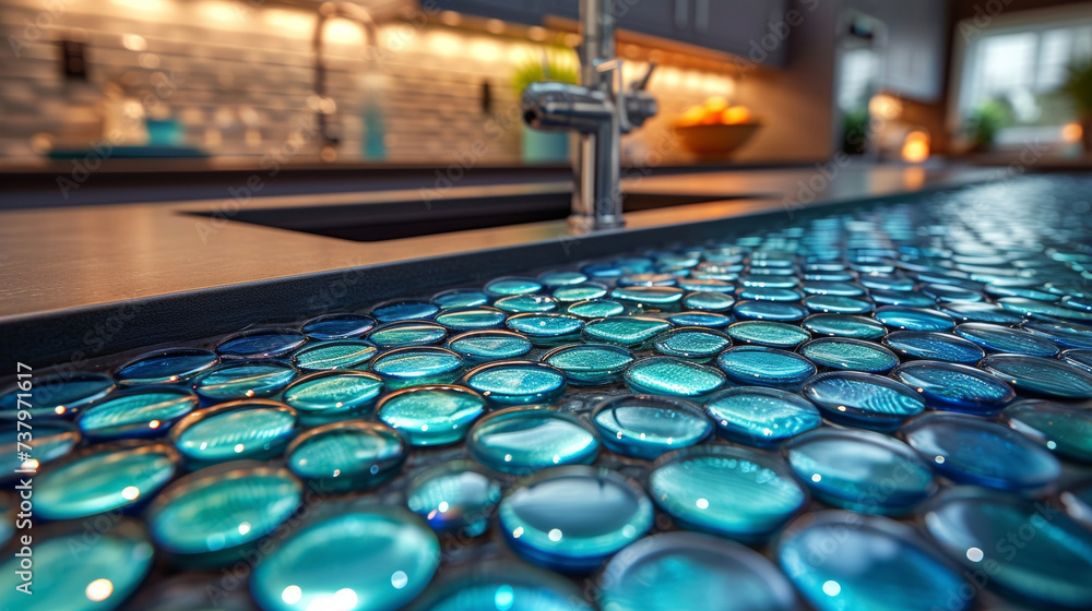 Poster a closeup view of a kitchen backsplash made of shimmering glass tiles in varying shades of green and