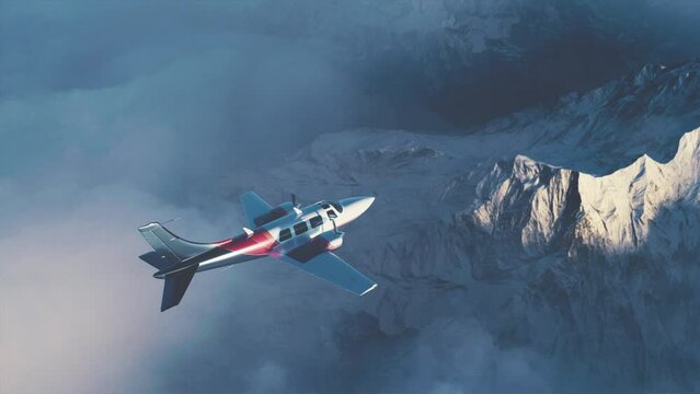 Small two engine passenger airplane. Light weight, private aircraft flying, passing high mountains. Slow cruise flight over clouds. People transportation by air. Air to air view.