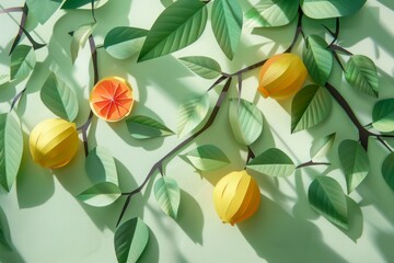 Orange branches layered paper cut illustration. Trendy art paper collage of fruits in appliqué technique. Concept of creative background.